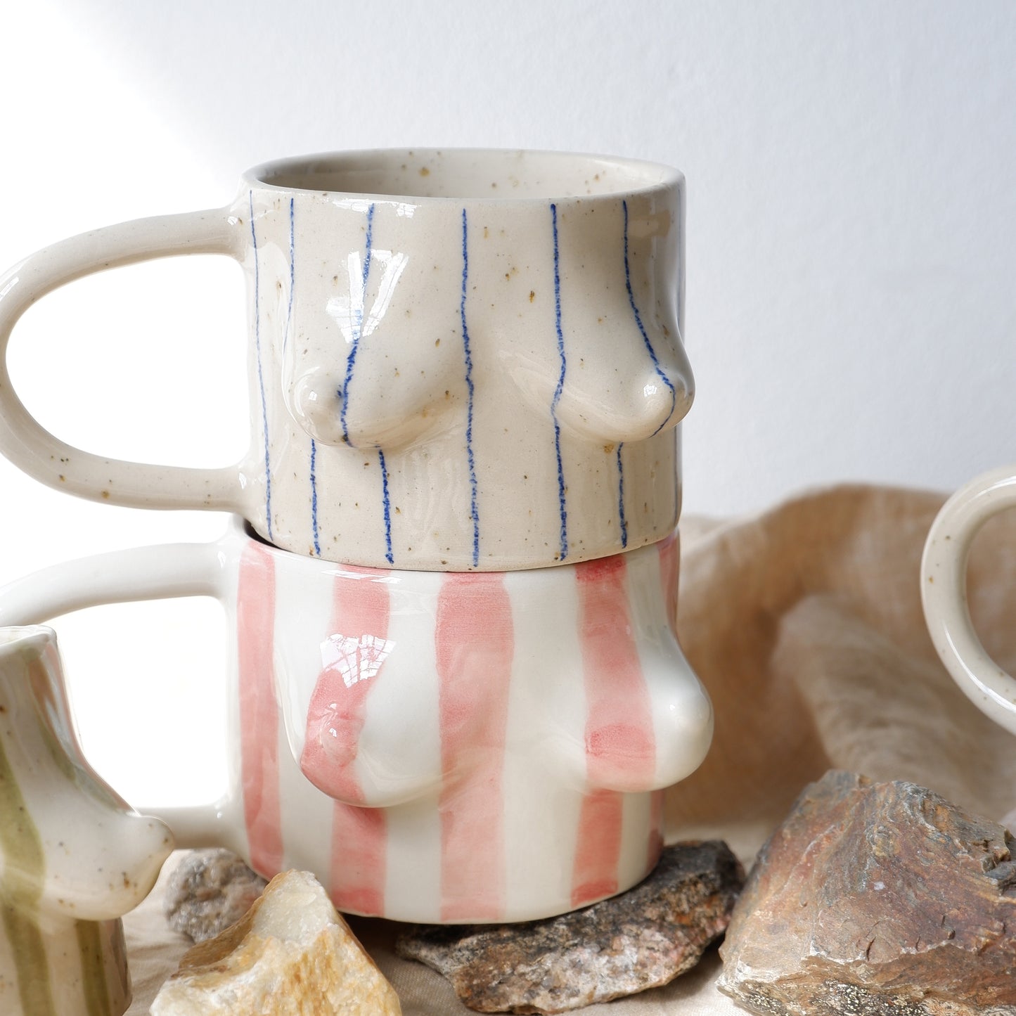 Vintage mug // light red stripes on white clay