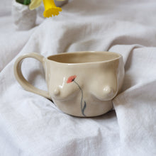 Load image into Gallery viewer, Beige mug with a handle with flower drawn by hand 🌺🌺
