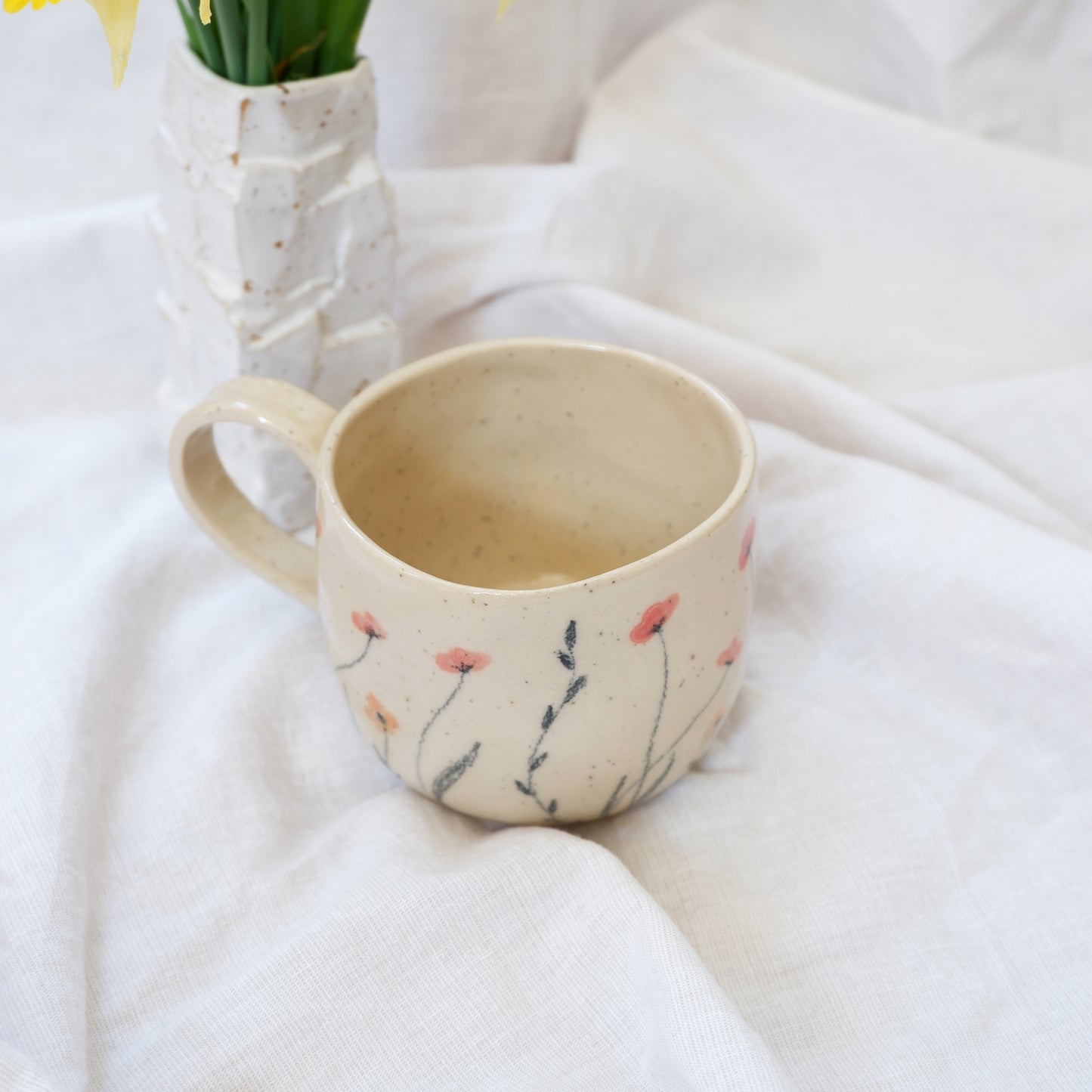 Beige mug with flowers drawn by hand 🌱🌷