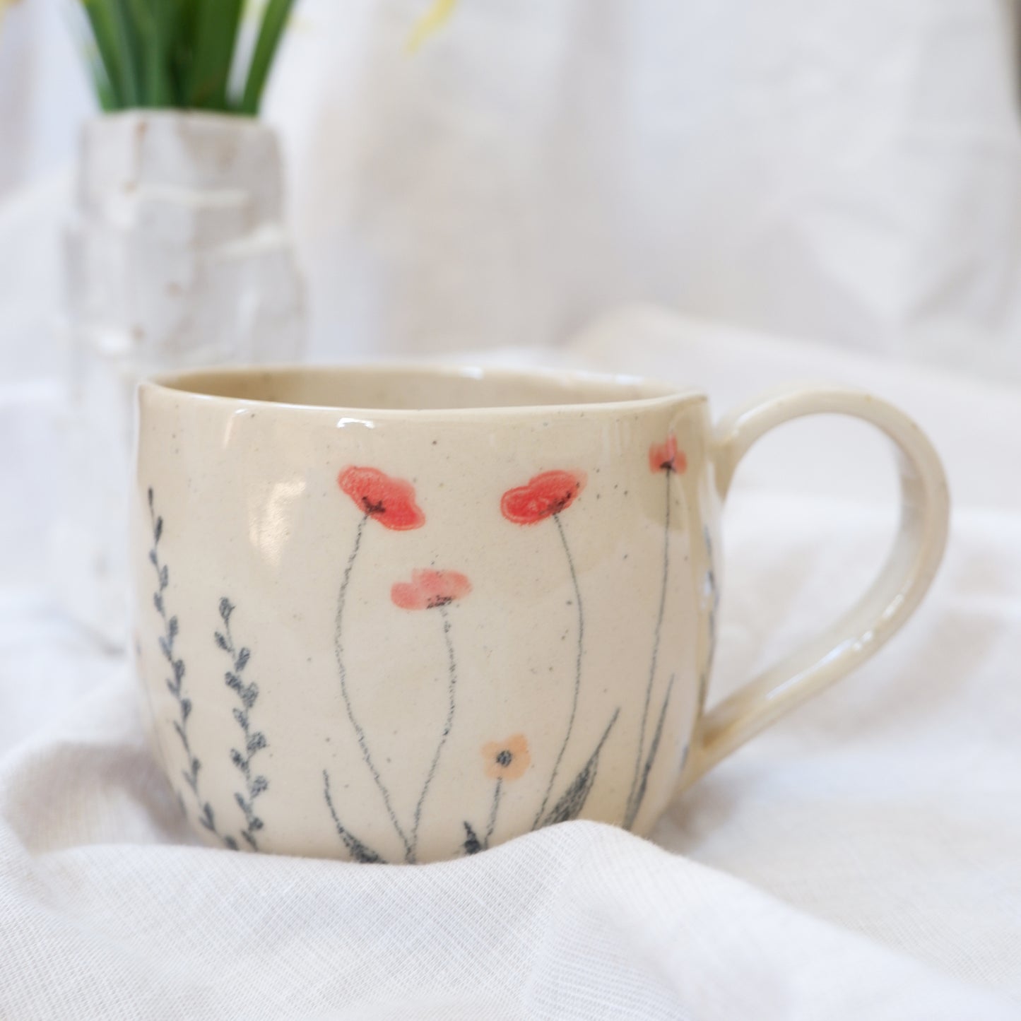 Beige mug with flowers drawn by hand 🌱🌷