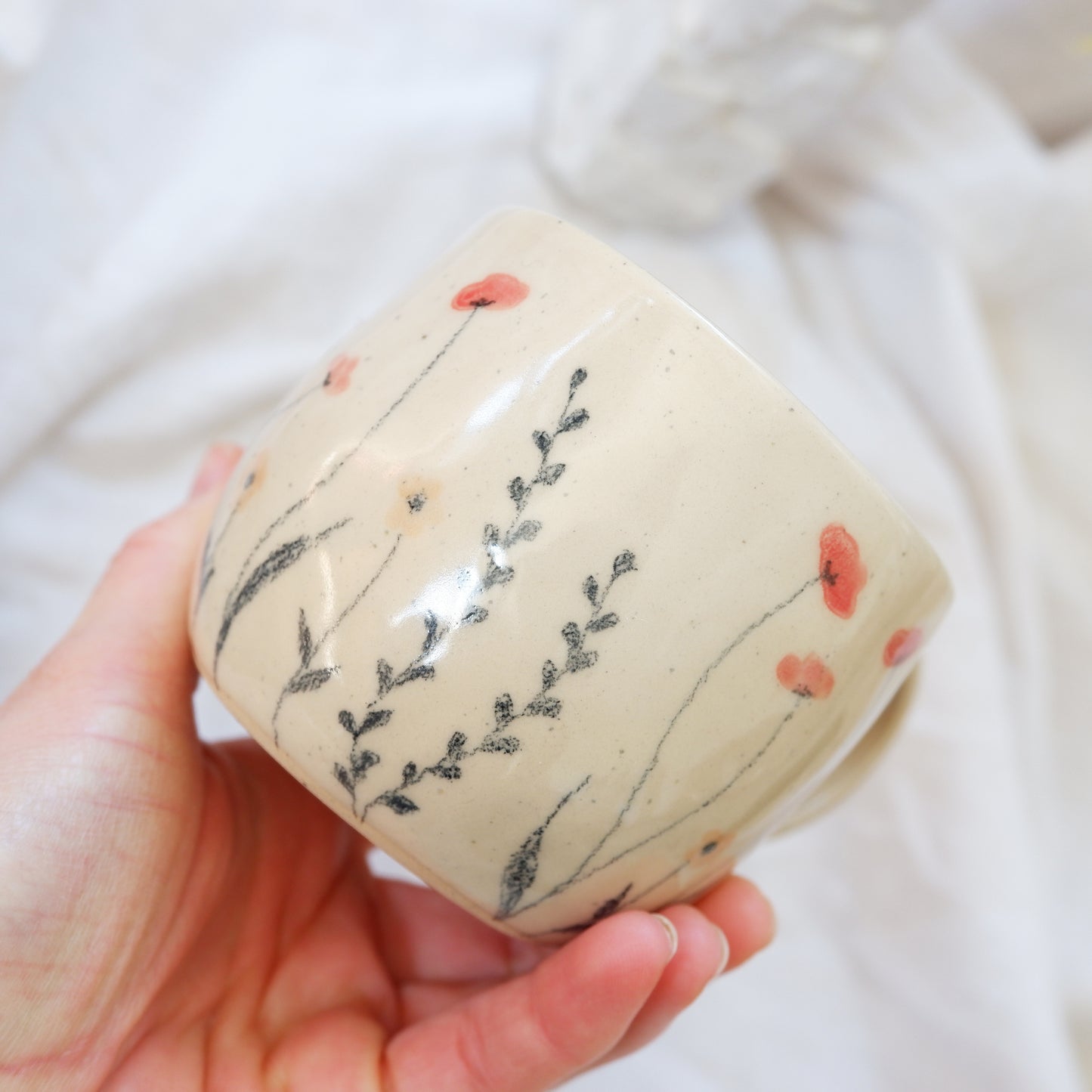 Beige mug with flowers drawn by hand 🌱🌷