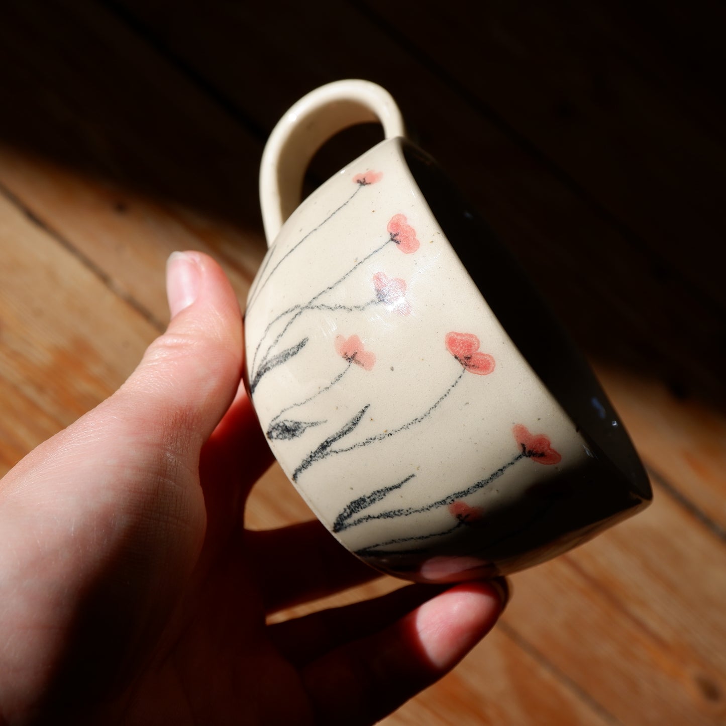 Beige mug with poppy flowers drawn by hand 🌼