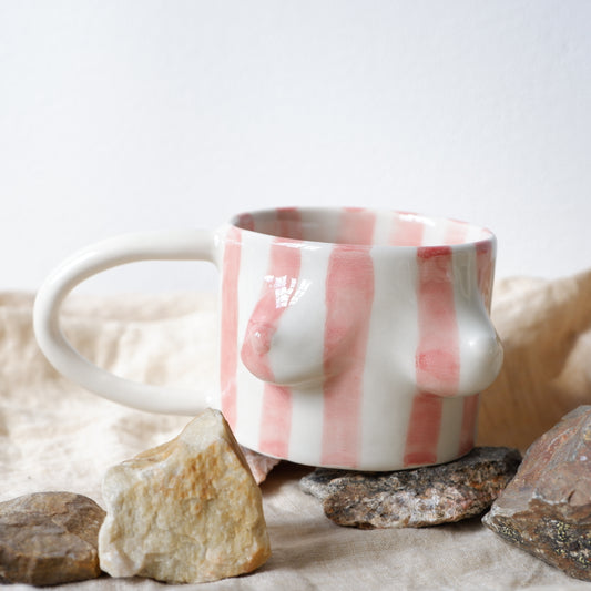 Vintage mug // light red stripes on white clay