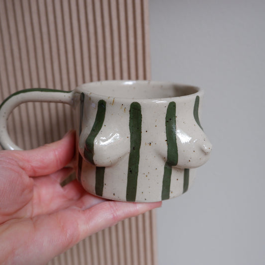 Vintage mug // green stripes on beige clay