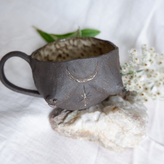 Rooted Collection // Carved tattoo mug with piercing / Symbolizes guidance and transformation