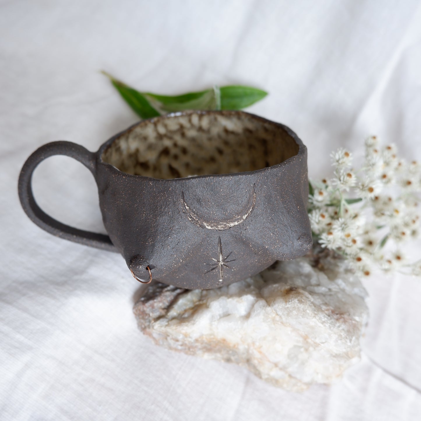 Rooted Collection // Carved tattoo mug with piercing / Symbolizes guidance and transformation