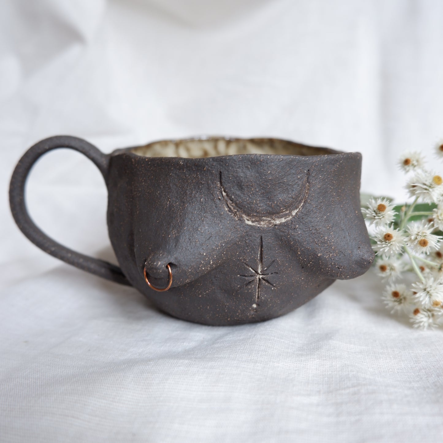 Rooted Collection // Carved tattoo mug with piercing / Symbolizes guidance and transformation