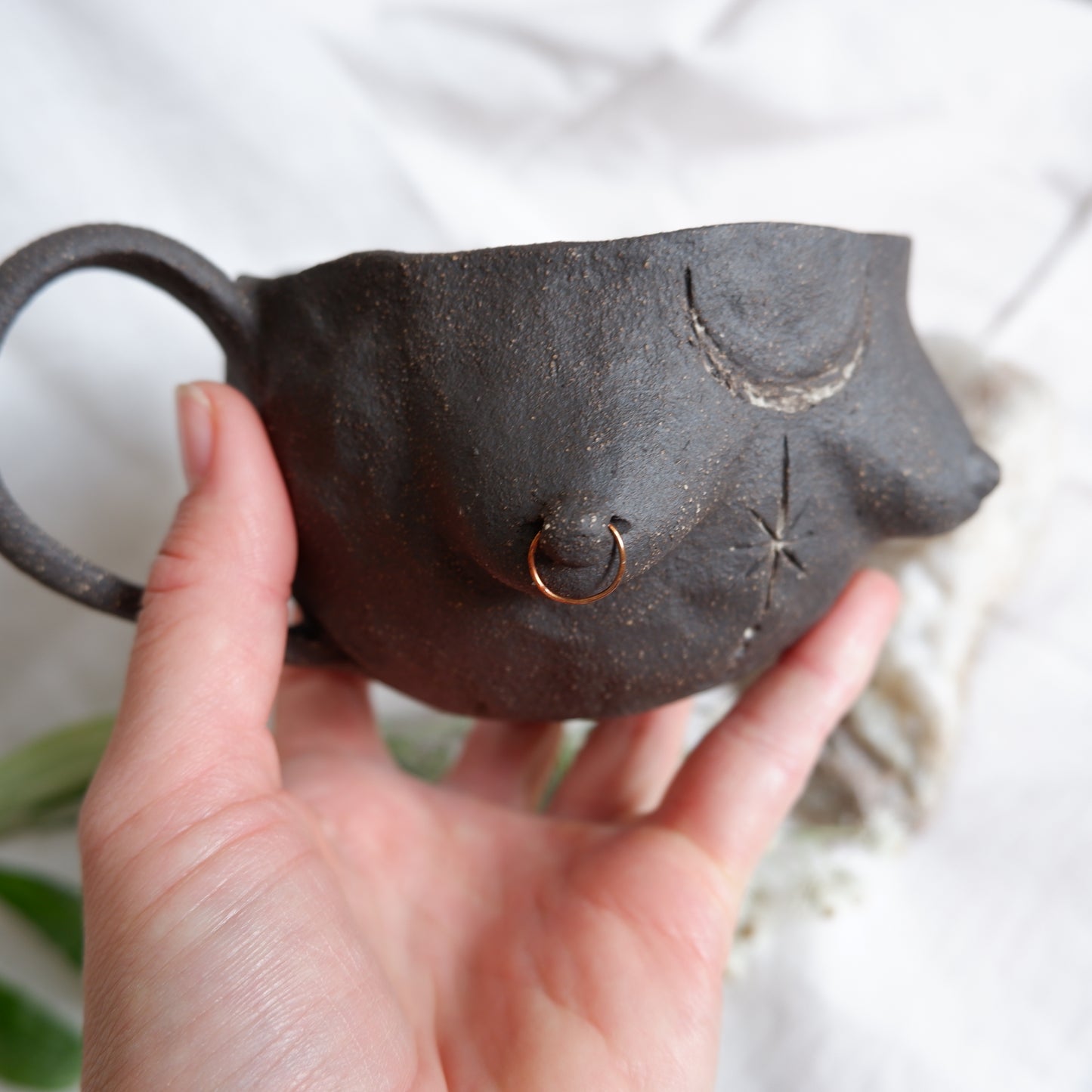 Rooted Collection // Carved tattoo mug with piercing / Symbolizes guidance and transformation
