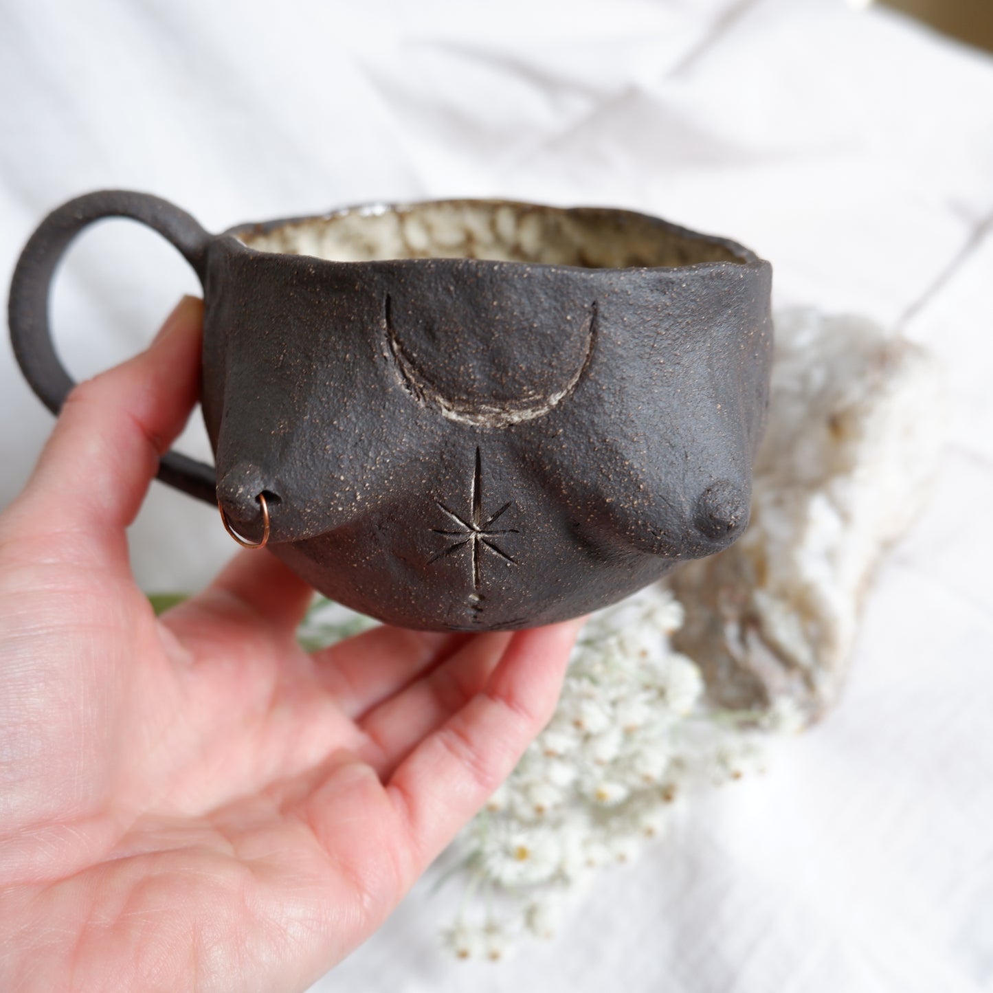 Rooted Collection // Carved tattoo mug with piercing / Symbolizes guidance and transformation
